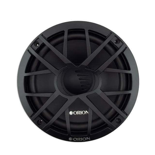 Black speaker woofer with radial grille pattern, circular driver frame