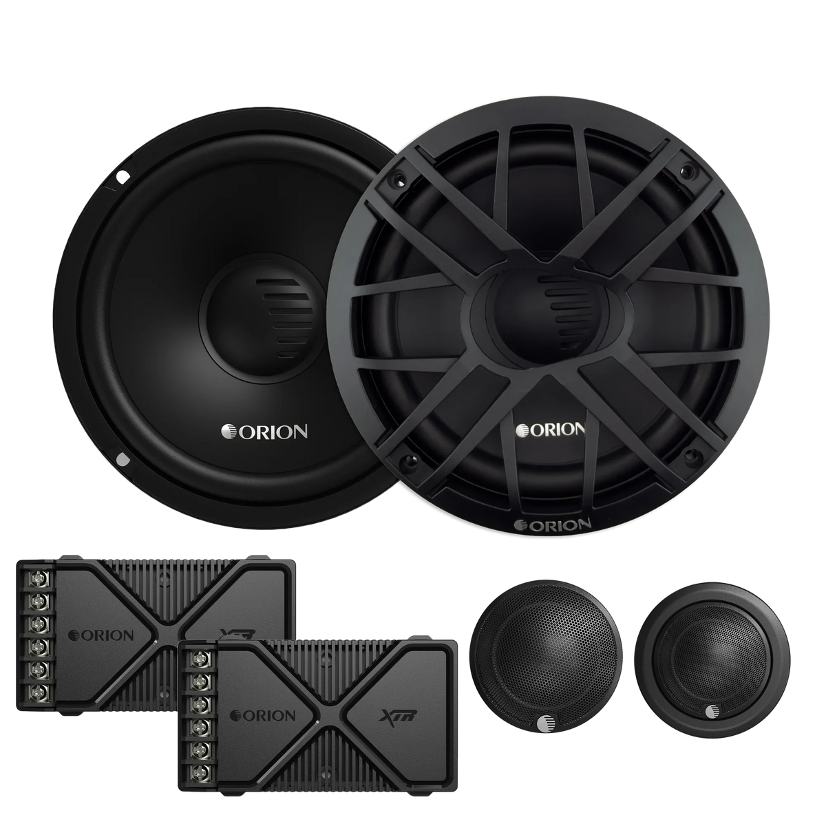 Black 6.5-inch 2-way component speakers pair with crossover and tweeters