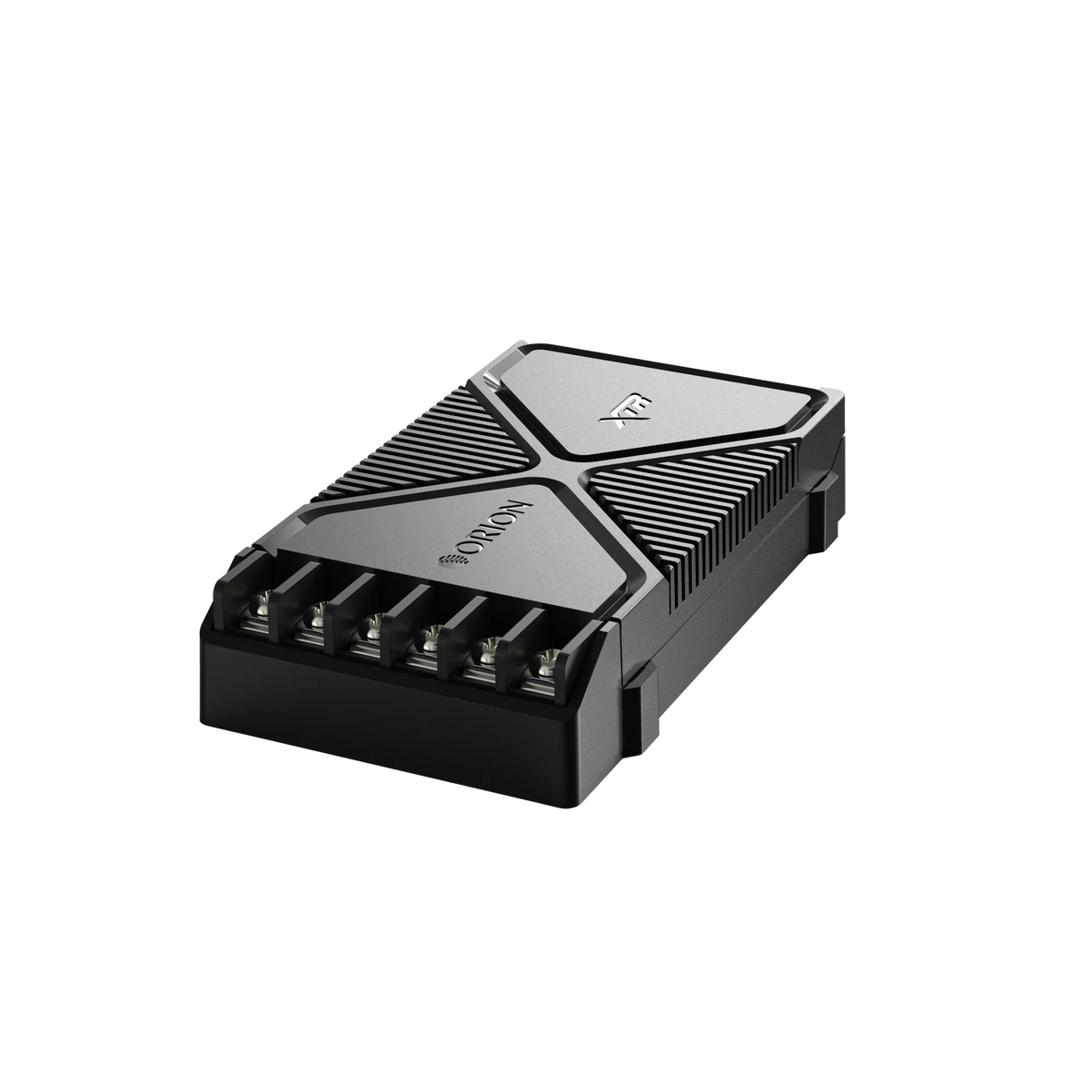 Car audio crossover network with metallic housing and grille-like vent fins
