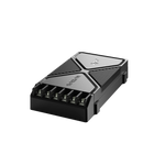 Car audio crossover network with metallic housing and grille-like vent fins