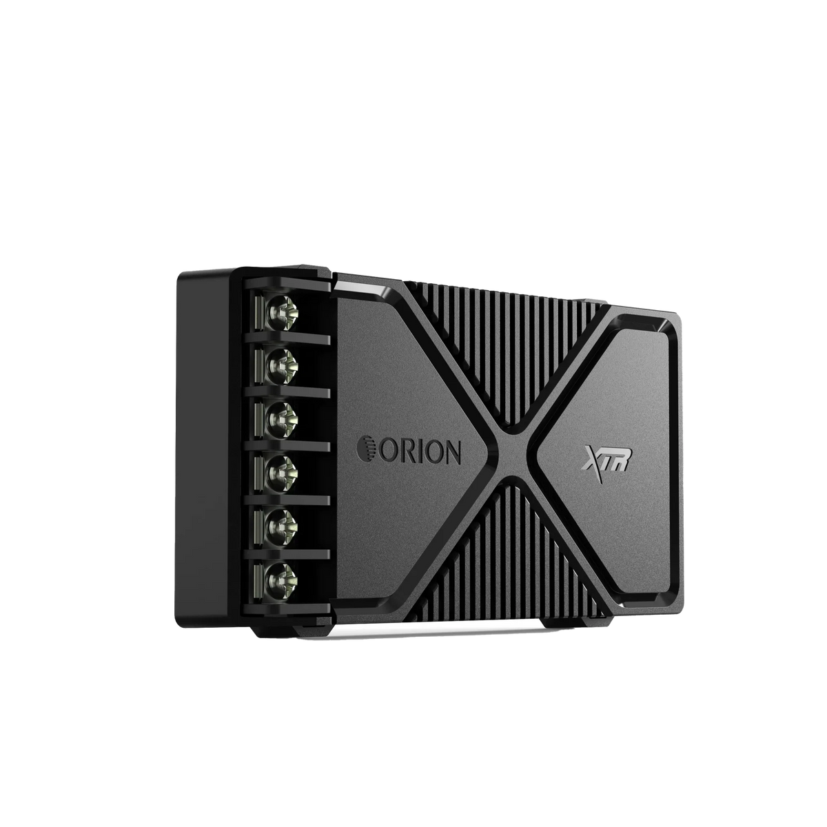 Car audio crossover side view with screw terminals and Orion XTR branding