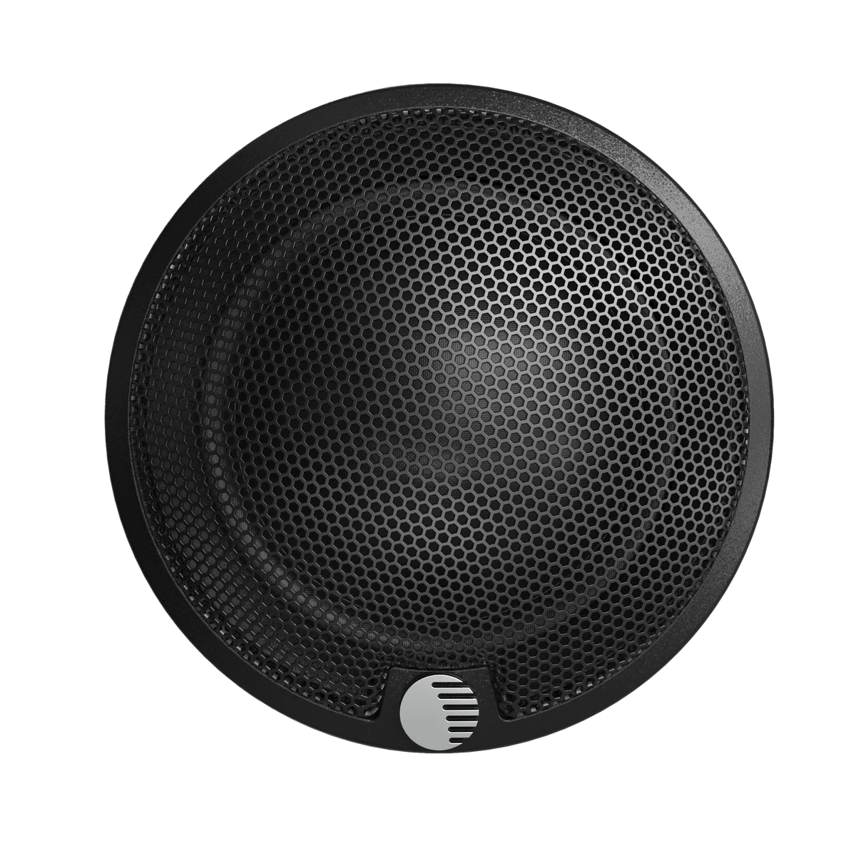 Black circular tweeter grille with honeycomb pattern and vented center badge