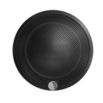 Black circular tweeter grille with honeycomb pattern and vented center badge
