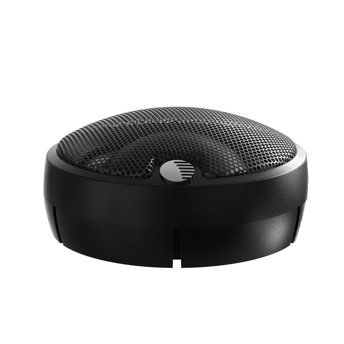 Black car audio speaker with textured mesh top and vented center badge