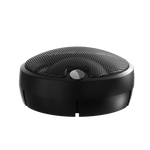 Black car audio speaker with textured mesh top and vented center badge