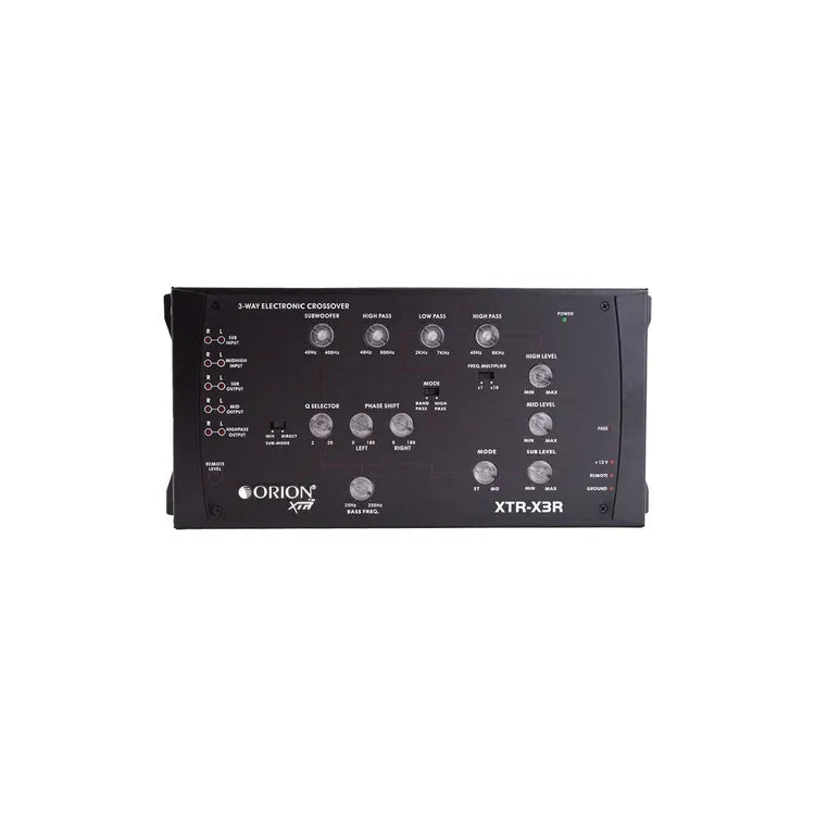3-way electronic crossover with black control panel, knobs, and XTR-X3R labeling