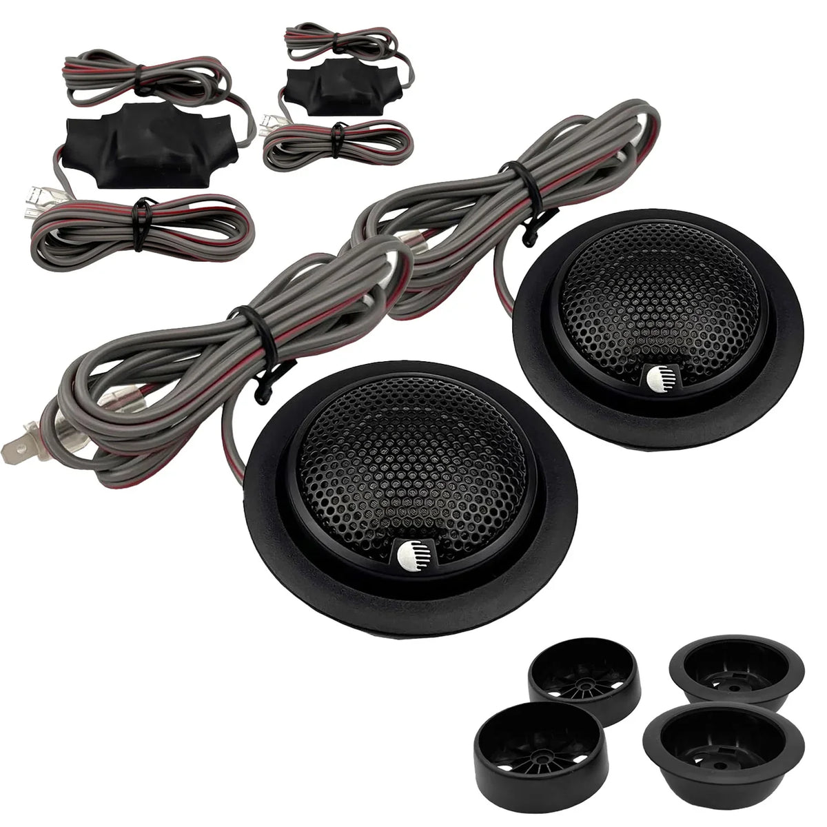 Silk dome tweeter pair with black mounting housings and gray wire leads