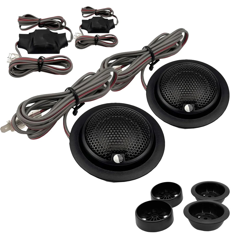 Silk dome tweeter pair with black mounting housings and gray wire leads