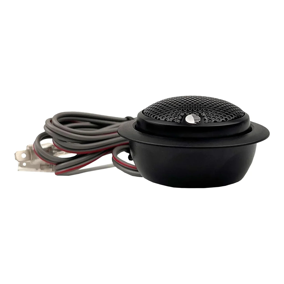 Silk dome tweeter with black dome grille and attached gray wiring harness