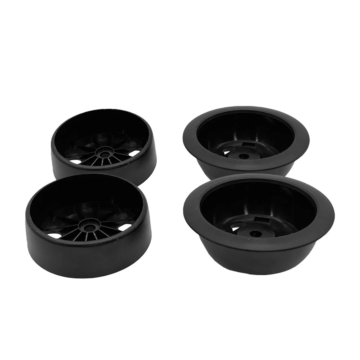 Black mounting cups for silk dome tweeters, showing internal mounting posts