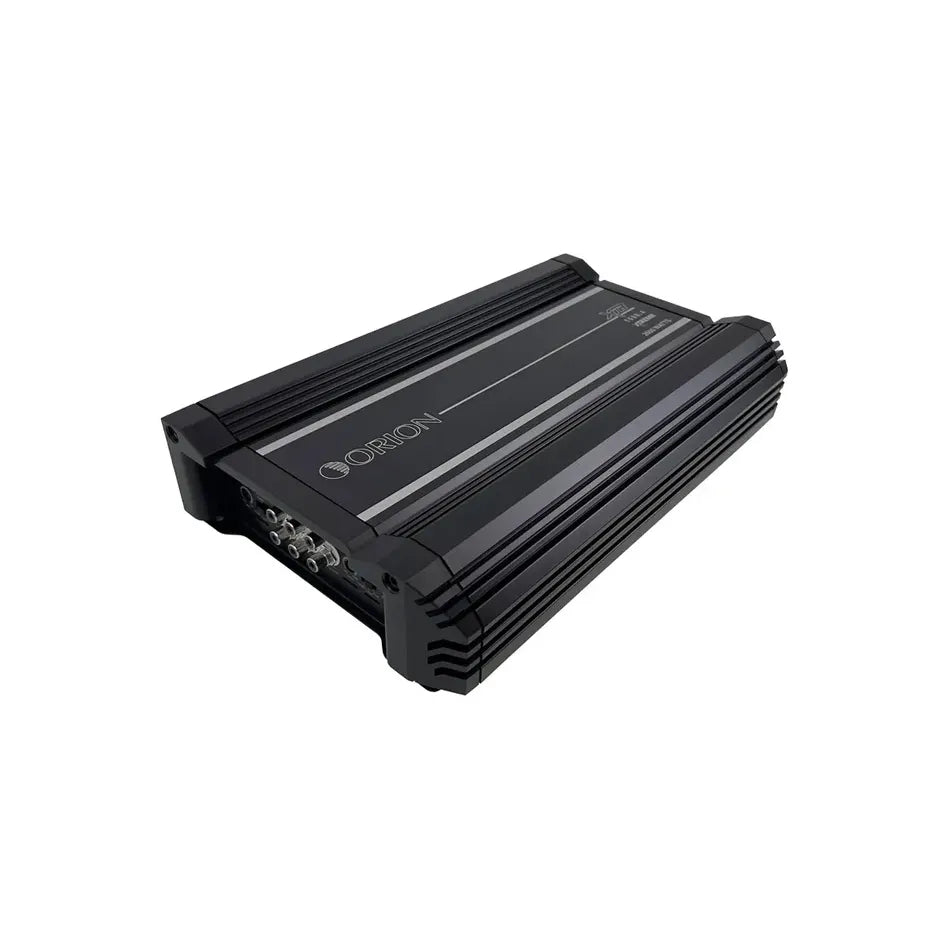 Black 4-channel car amplifier with side panel vents and Orion branding