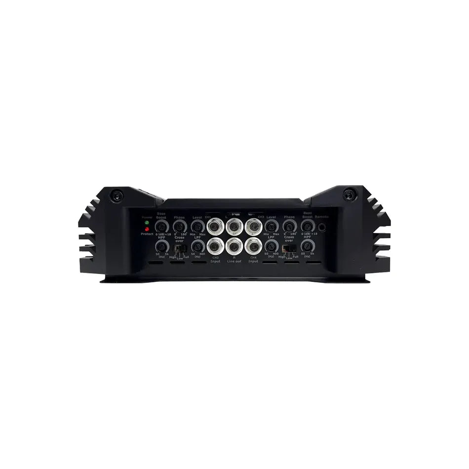 Orion 4-channel amplifier rear panel with multiple RCA jacks and controls