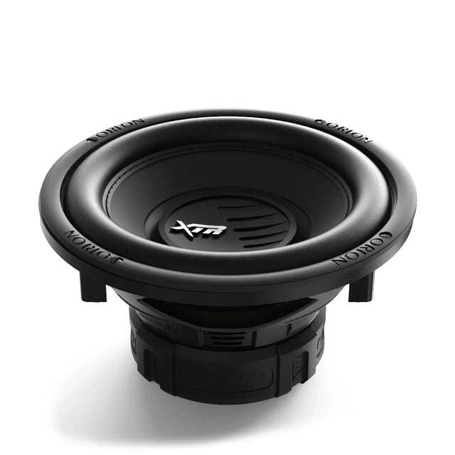 Black 10-inch subwoofer from above with XTR logo and mounting tabs