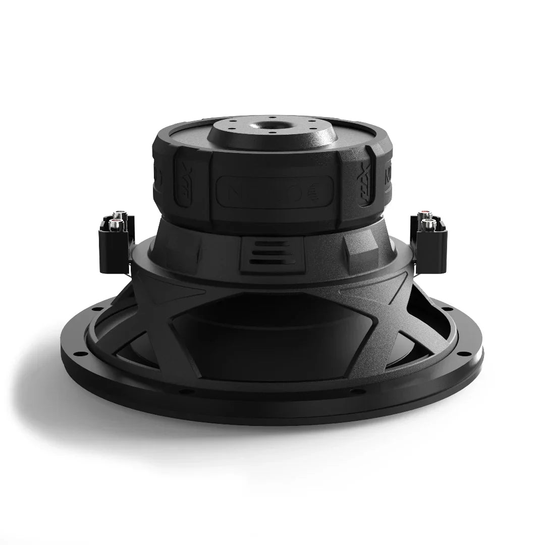 Black 10-inch subwoofer underside with mounting base and exposed terminals