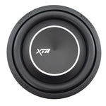 Black 10-inch shallow-mount subwoofer with white XTR ring logo