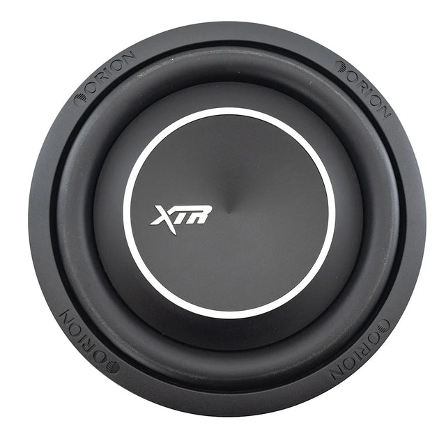 Black 10-inch shallow-mount subwoofer with white XTR ring logo