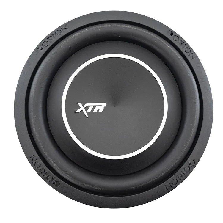Orion 10-inch shallow subwoofer, black cone with XTR logo and white trim