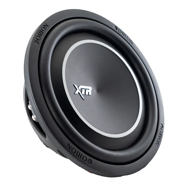Orion 10-inch shallow subwoofer, angled black cone with silver XTR accent ring