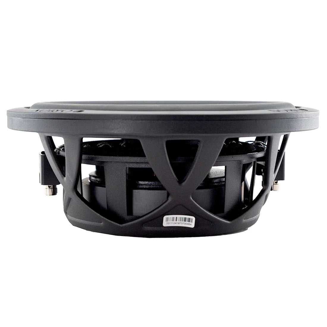 Black shallow-mount subwoofer rear view with metal mounting basket