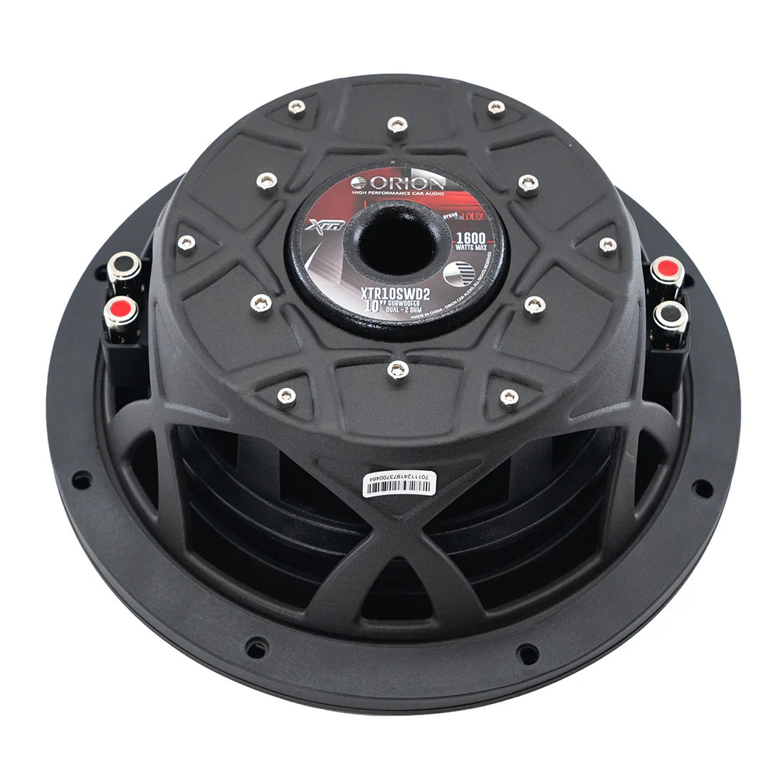 Black 10-inch shallow-mount subwoofer rear basket with connector terminals