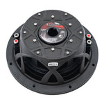 Black 10-inch shallow-mount subwoofer rear basket with connector terminals