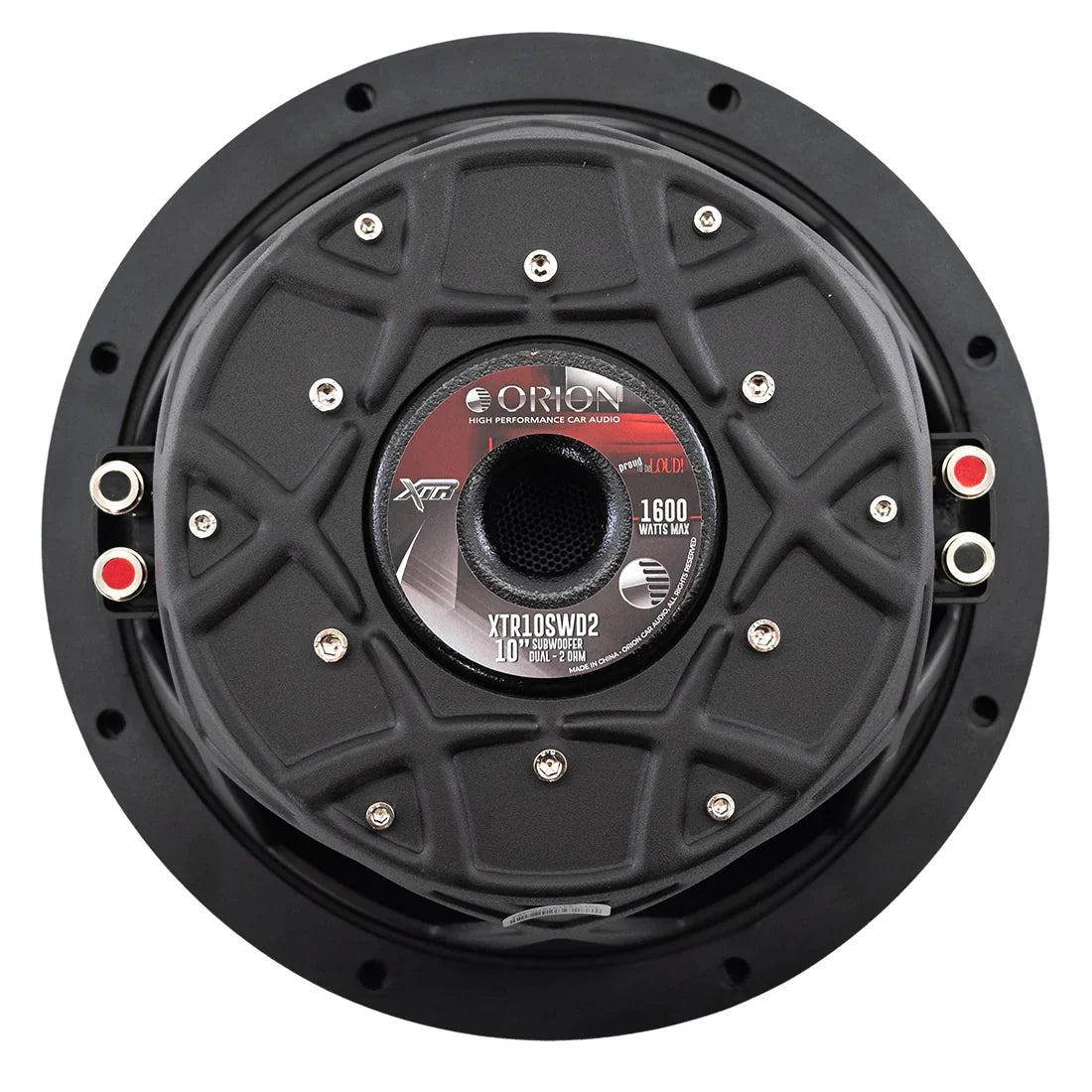 Black 10-inch shallow-mount subwoofer back panel with ORION label and red terminals