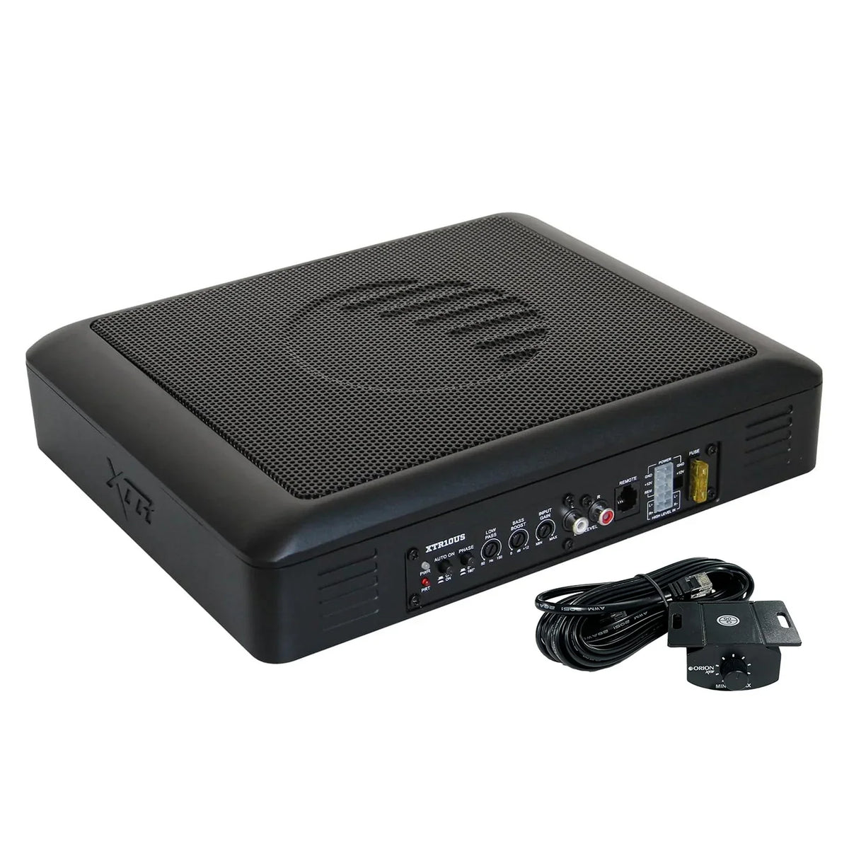Slim underseat subwoofer with black mesh grille and vented top panel