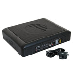 Slim underseat subwoofer with black mesh grille and vented top panel