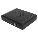 Slim underseat subwoofer with side control panel, ports, and settings dials
