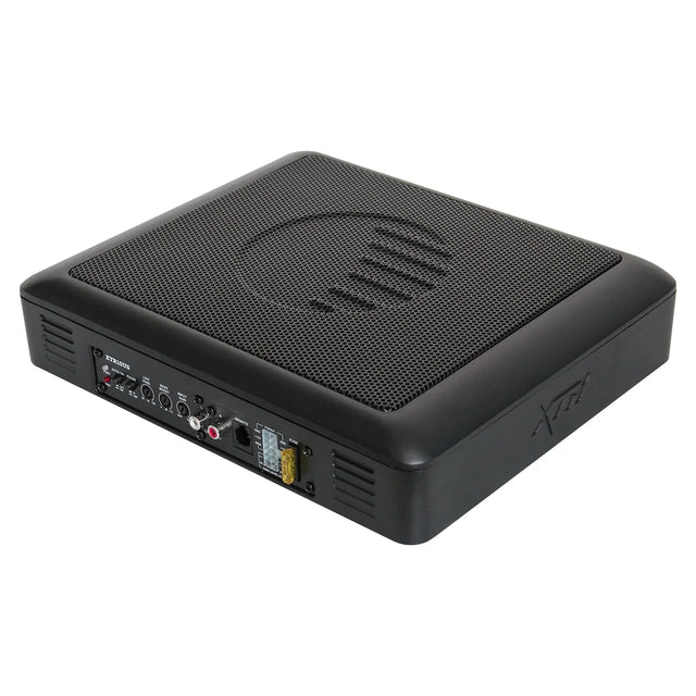 Slim underseat subwoofer with side control panel, ports, and settings dials