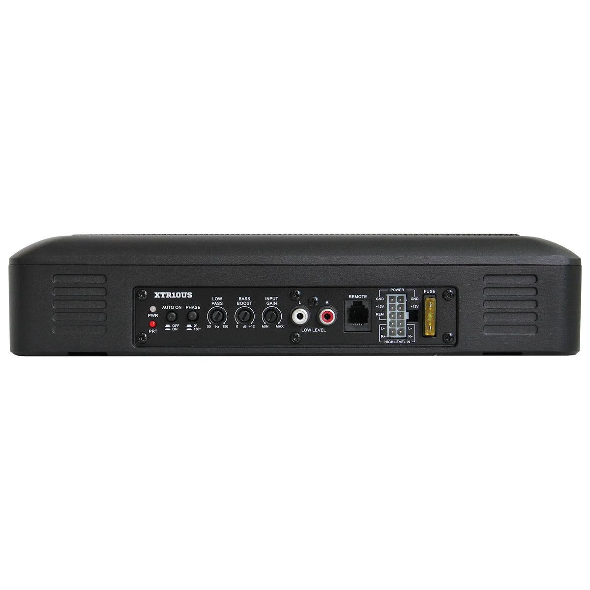 Slim underseat subwoofer rear panel with input/output ports and connection area
