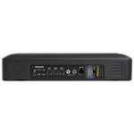 Slim underseat subwoofer rear panel with input/output ports and connection area