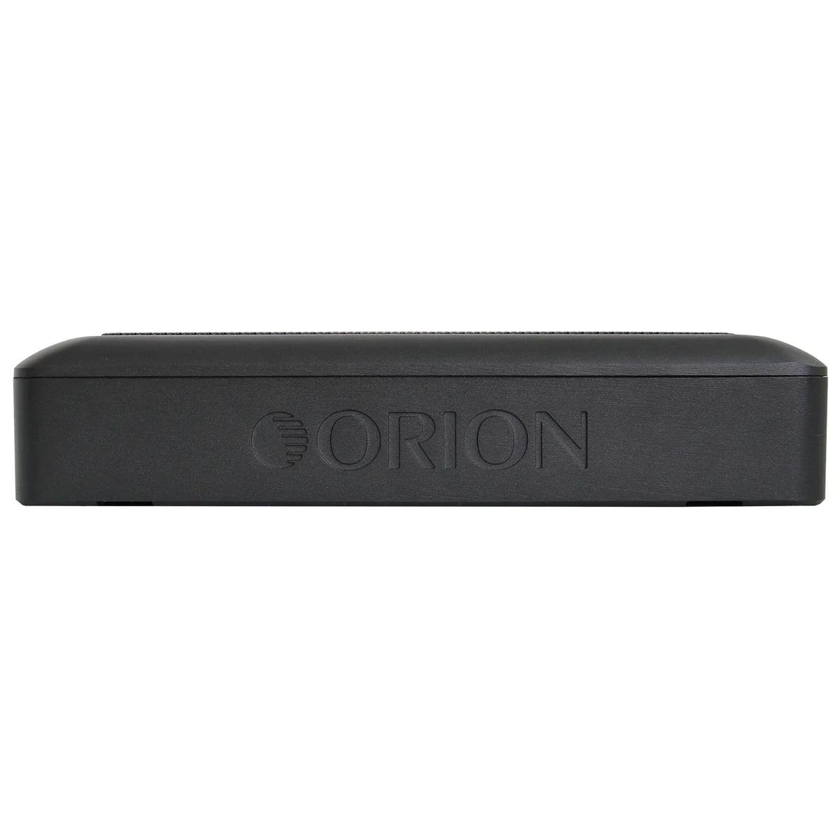 Black Orion slim underseat subwoofer front with ORION logo emboss
