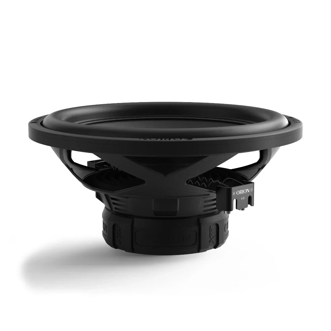 12-inch subwoofer speaker basket, black mounting frame and terminal area, rear view