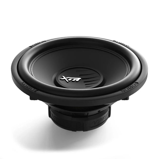 12-inch subwoofer speaker, black cone and XTR dust cap, angled top view