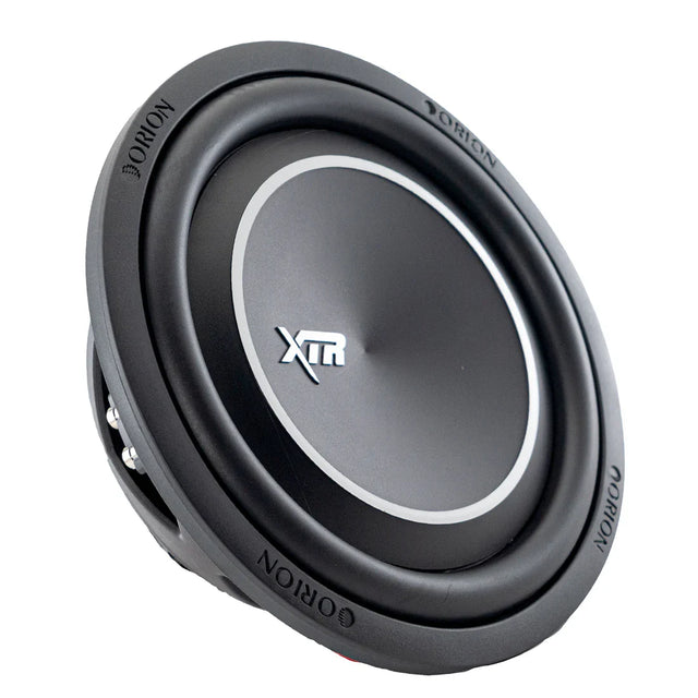 12-inch shallow subwoofer with black cone, white XTR trim ring