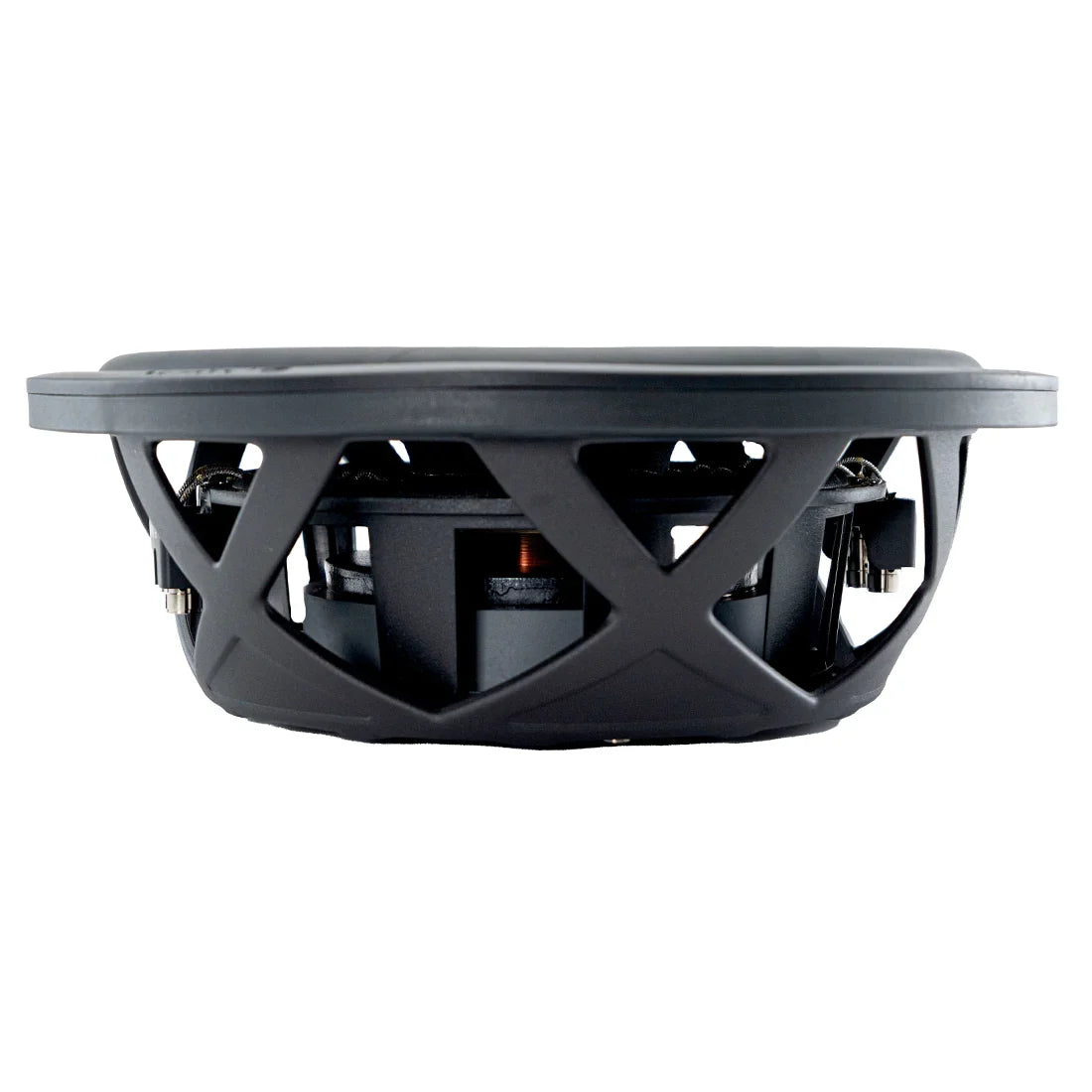 12-inch shallow subwoofer underside showing vented metal basket and wiring