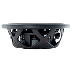 12-inch shallow subwoofer underside showing vented metal basket and wiring