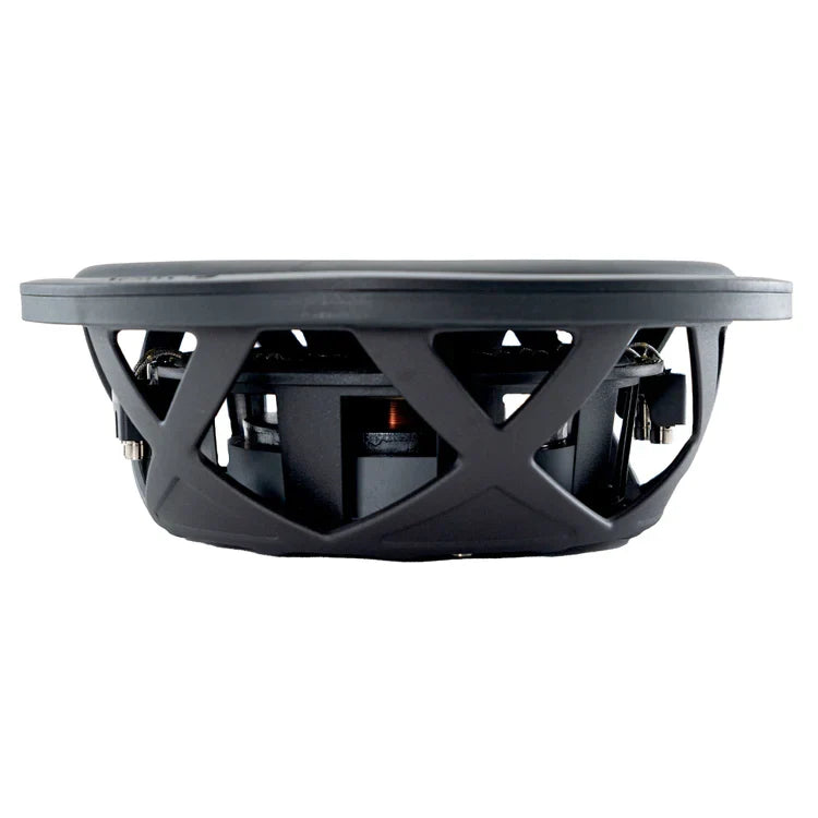 Shallow-mount subwoofer underside with metal terminals and mounting holes