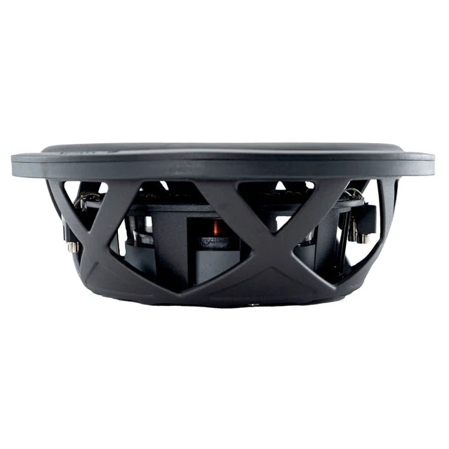 Shallow-mount subwoofer underside with metal terminals and mounting holes