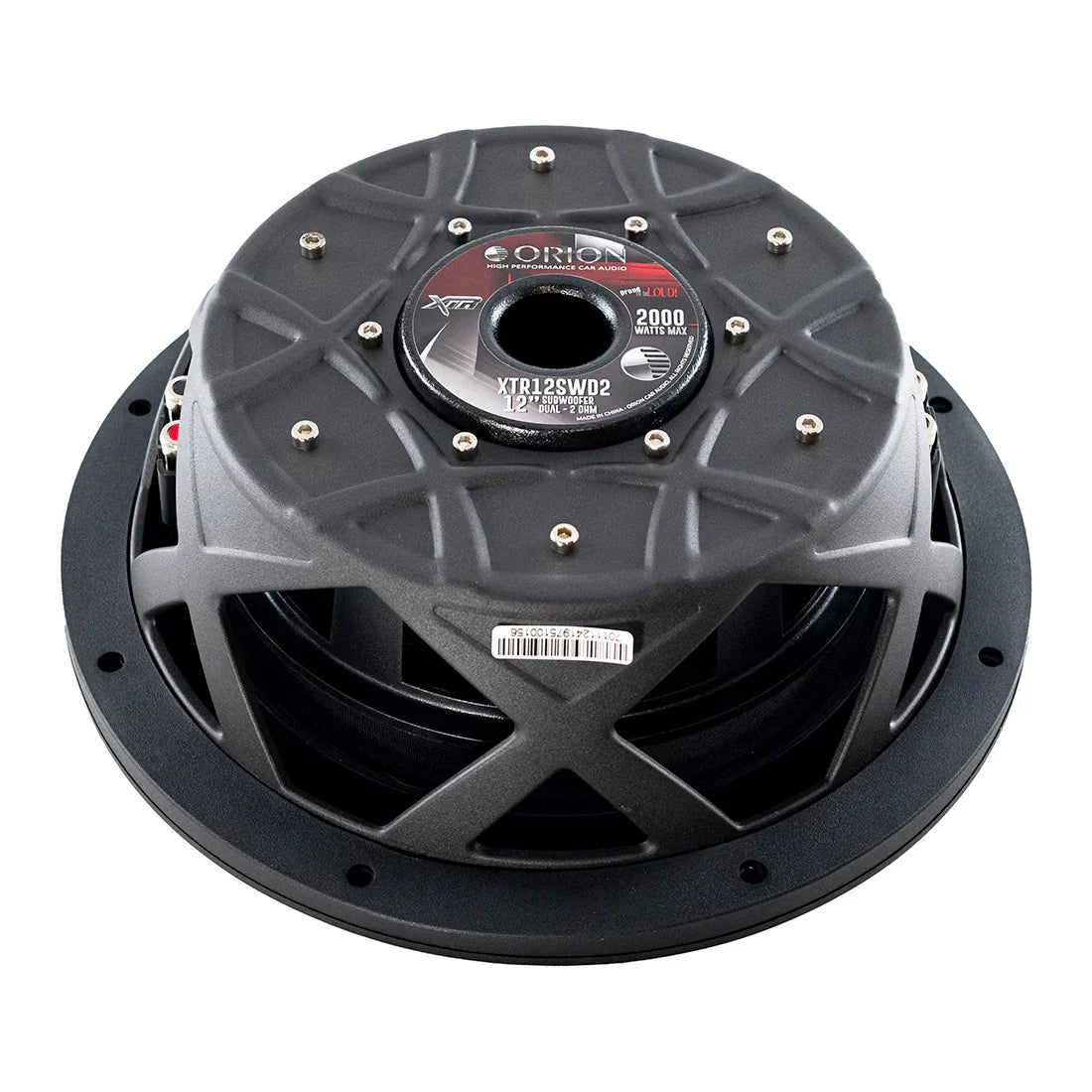 12-inch shallow subwoofer back view with mounting holes and Orion label