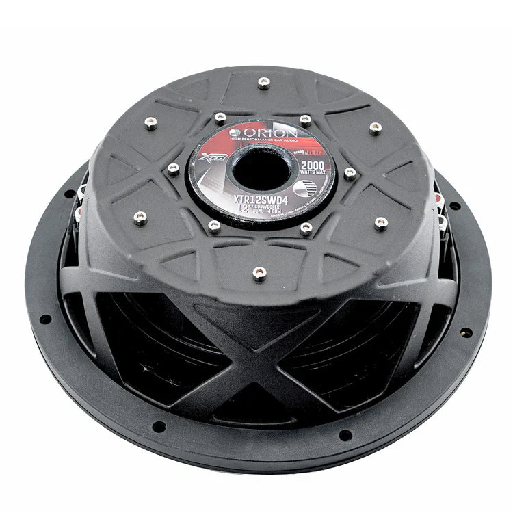 12-inch subwoofer top with Orion label, XTR badge, and silver mounting screws