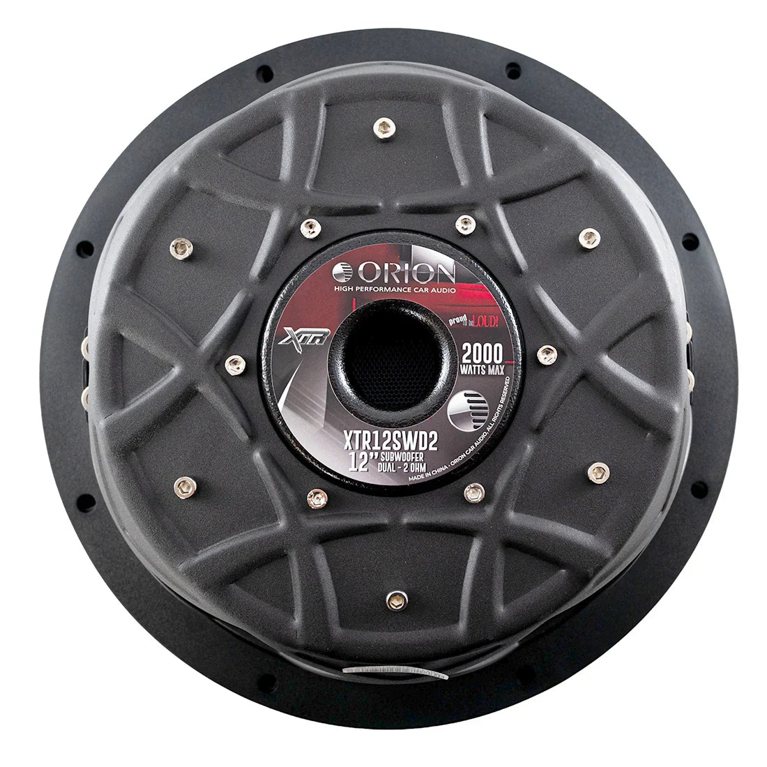 12-inch shallow subwoofer rear with XTR label, screws, and black speaker cone