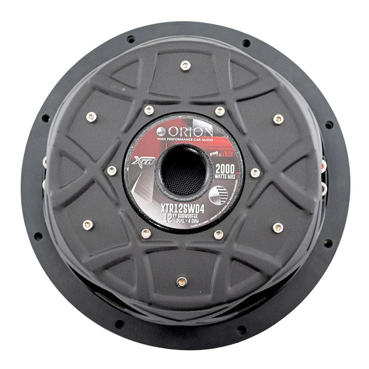 12-inch subwoofer driver with Orion XTR label and textured black mounting ring
