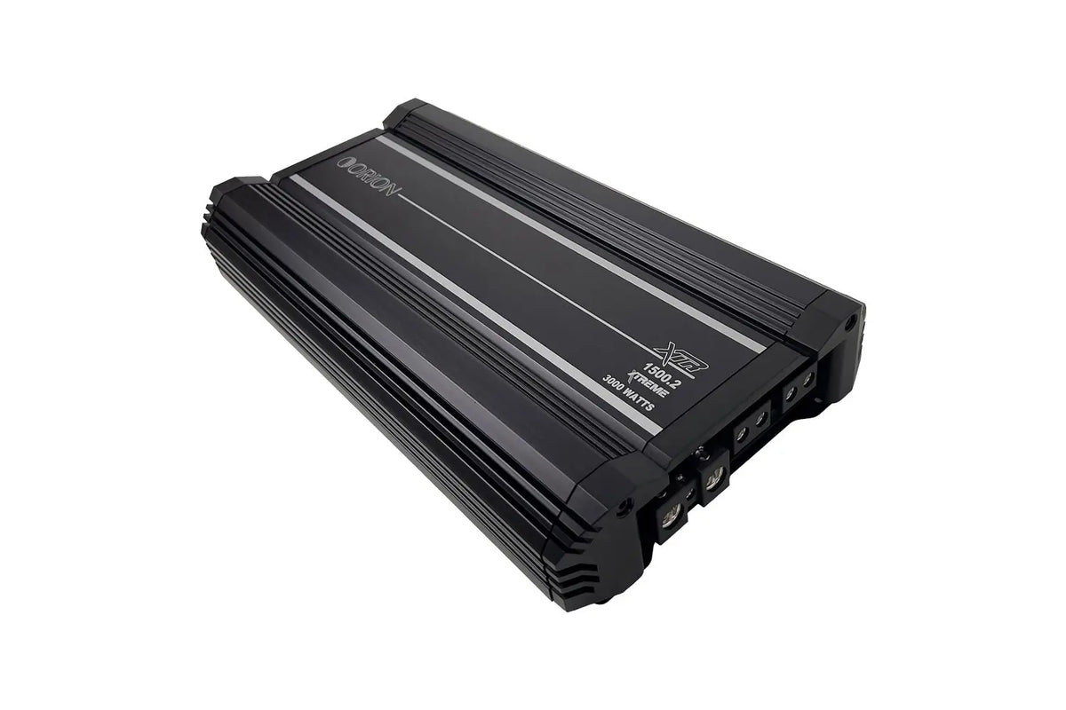 Orion XTR1500.2 car amplifier top view, black ribbed heat sink
