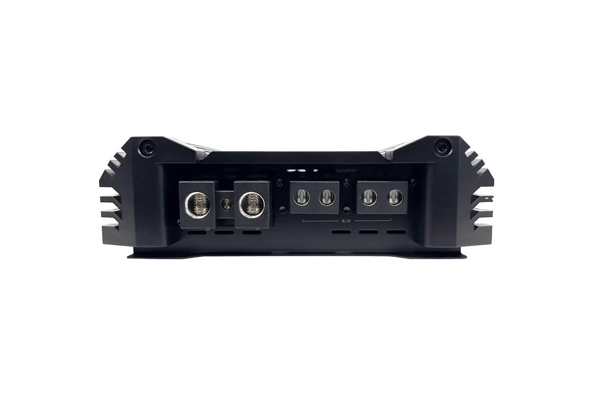 Car power amplifier rear panel with speaker terminals and input ports, black