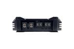 Car power amplifier rear panel with speaker terminals and input ports, black