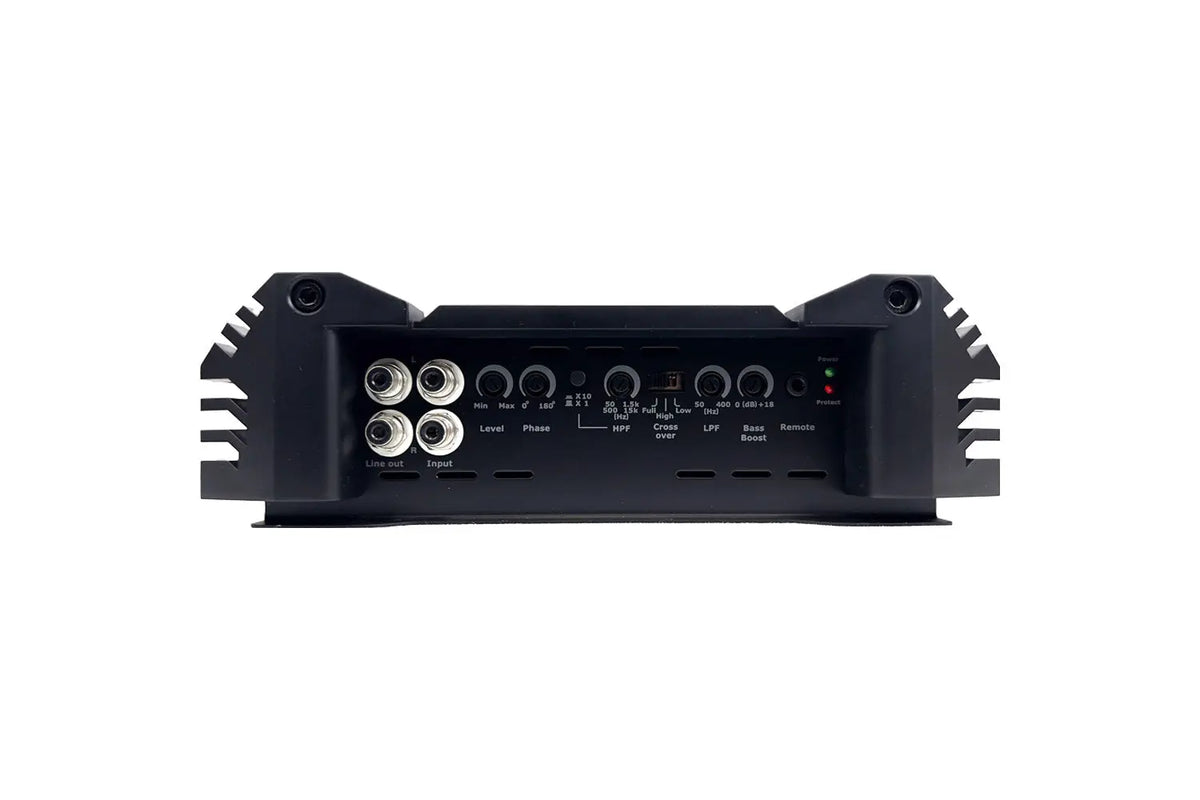 Car power amplifier rear panel with RCA inputs and controls, black