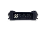 Car power amplifier rear panel with RCA inputs and controls, black