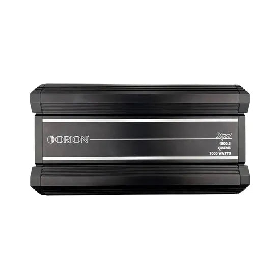 Black 5-channel car audio amplifier front view with Orion logo and labels